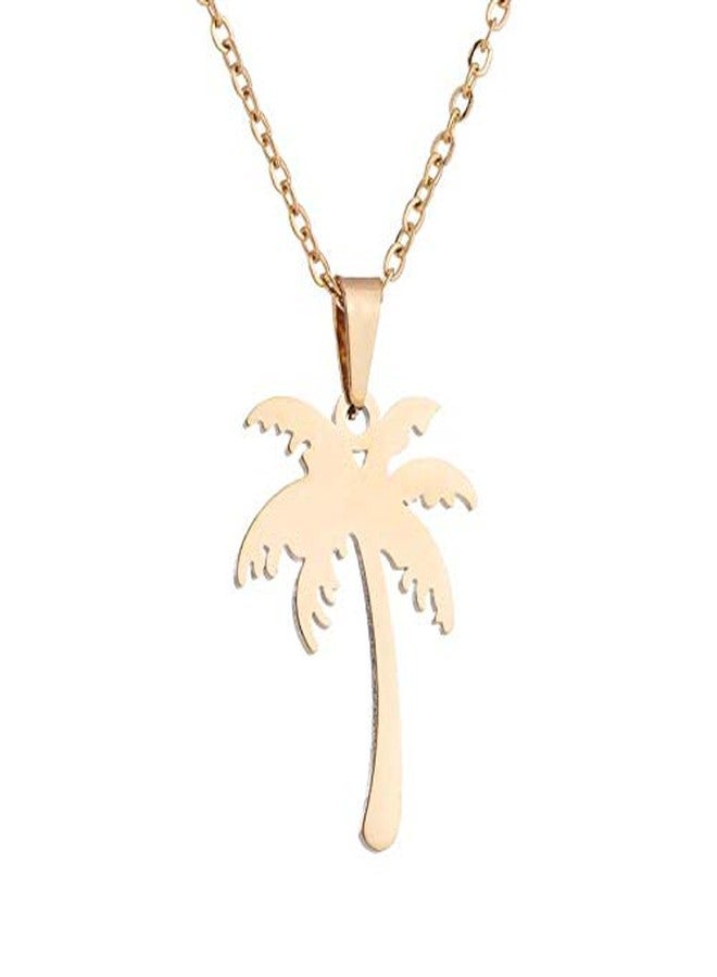 QIAN0813 Stainless Steel Hawaii Tropical Plant Pendant Necklace for Women Coconut Palm Tree Stud Earrings Beach Set Jewelry (Gold) - Image 5